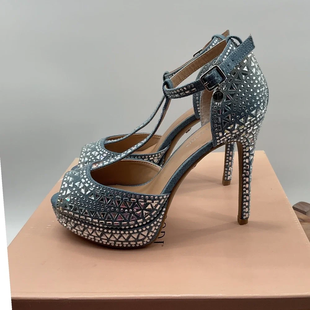 Thalia Sodi Chace Denim Rhinestone Platform Heels Blue T-Strap Peep Toe 6.5W